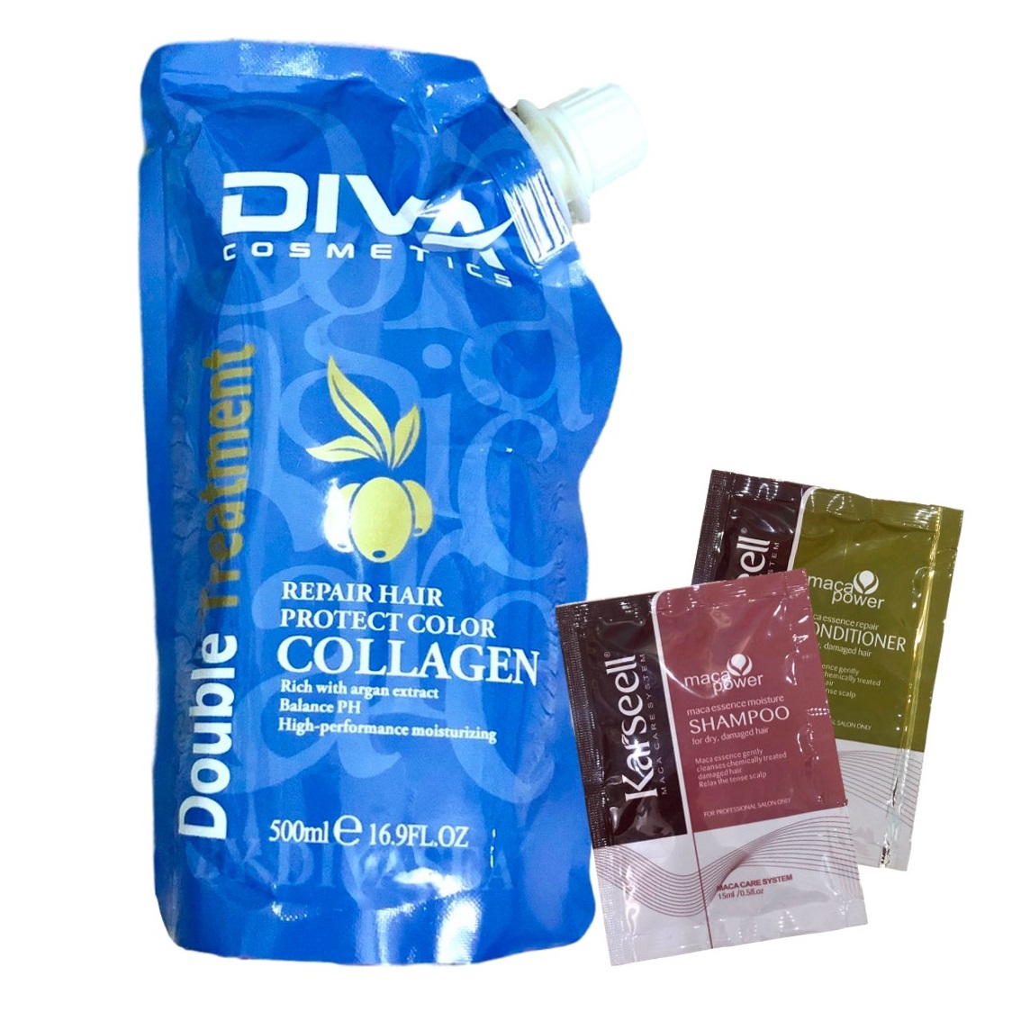 Kem ủ tóc siêu mượt Collagen DIVA Cosmetics Double Treatment 500ml + Cặp gội xả gói Karseell Maca 15mlx2