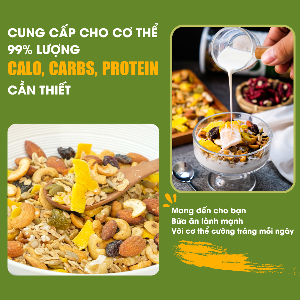 Granola siêu hạt 15% yến mạch TANU NUTS, ngũ cốc ăn kiêng giảm cân không đường tốt cho gym, yoga