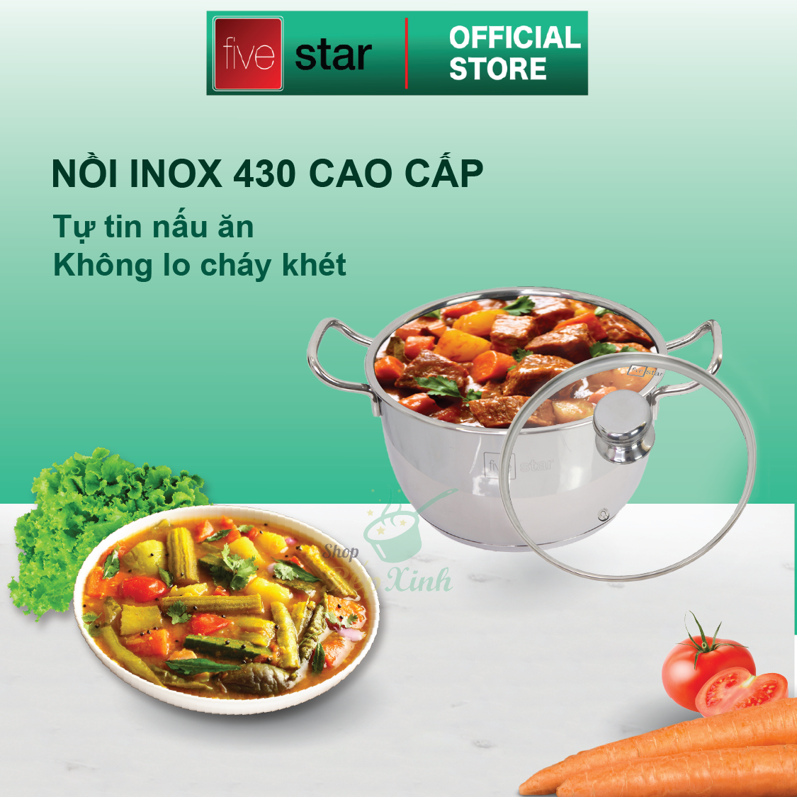 Bộ nồi inox và chảo chống dính cao cấp Fivestar 4 món 3 đáy từ , nắp kính ( tặng 1 sạn inox )