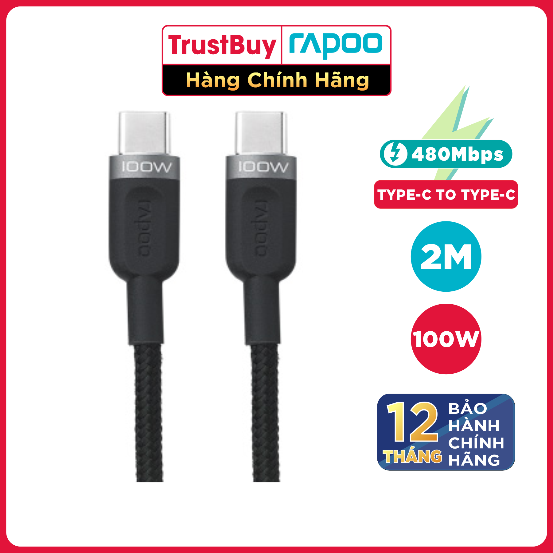 Dây Cáp Sạc Nhanh USB Type C to Type C Dài 2M Chuyên Sạc Macbook, Laptop, Smartphone Rapoo PD100 - Hàng Chính Hãng