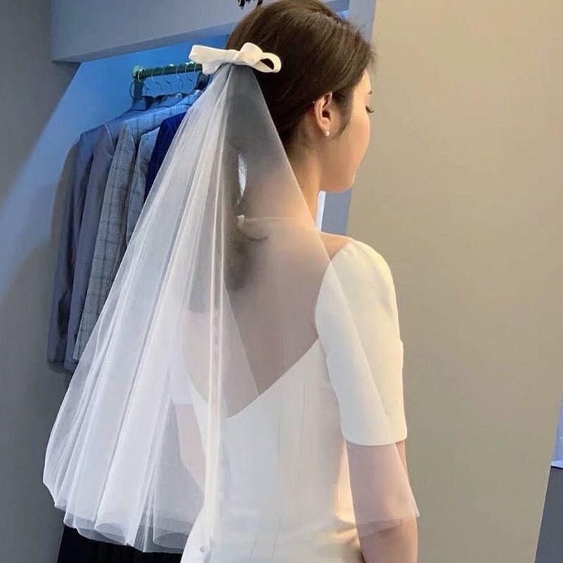 Voan cài tóc cô dâu chuẩn 2022 Giangpkc voan trơn đính nơ trắng điệu đà Phụ kiện cưới Giang