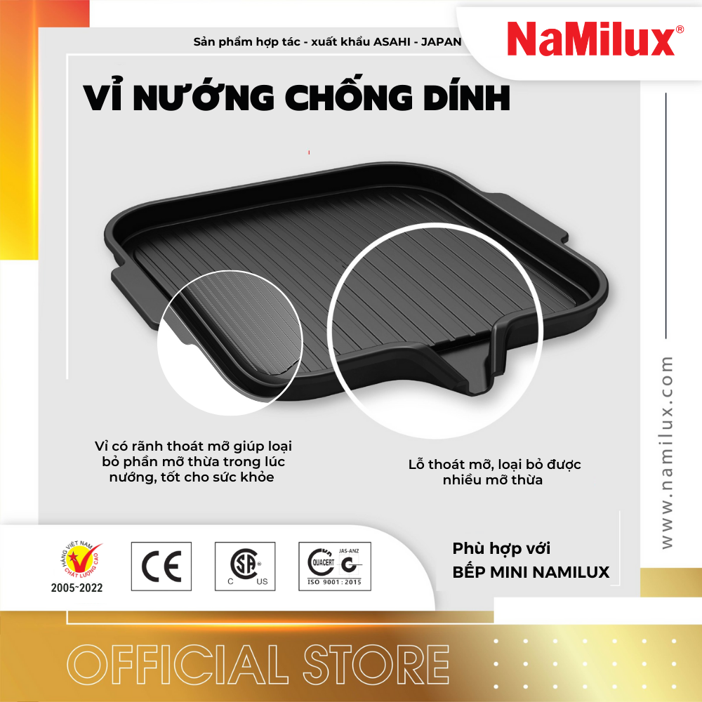 Bộ Sản Phẩm Bếp Gas Mini và Chảo Nướng Chống Dính NaMIlux | Van Inline Cut│Công Suất 2.6 Kw - Hàng Chính Hãng