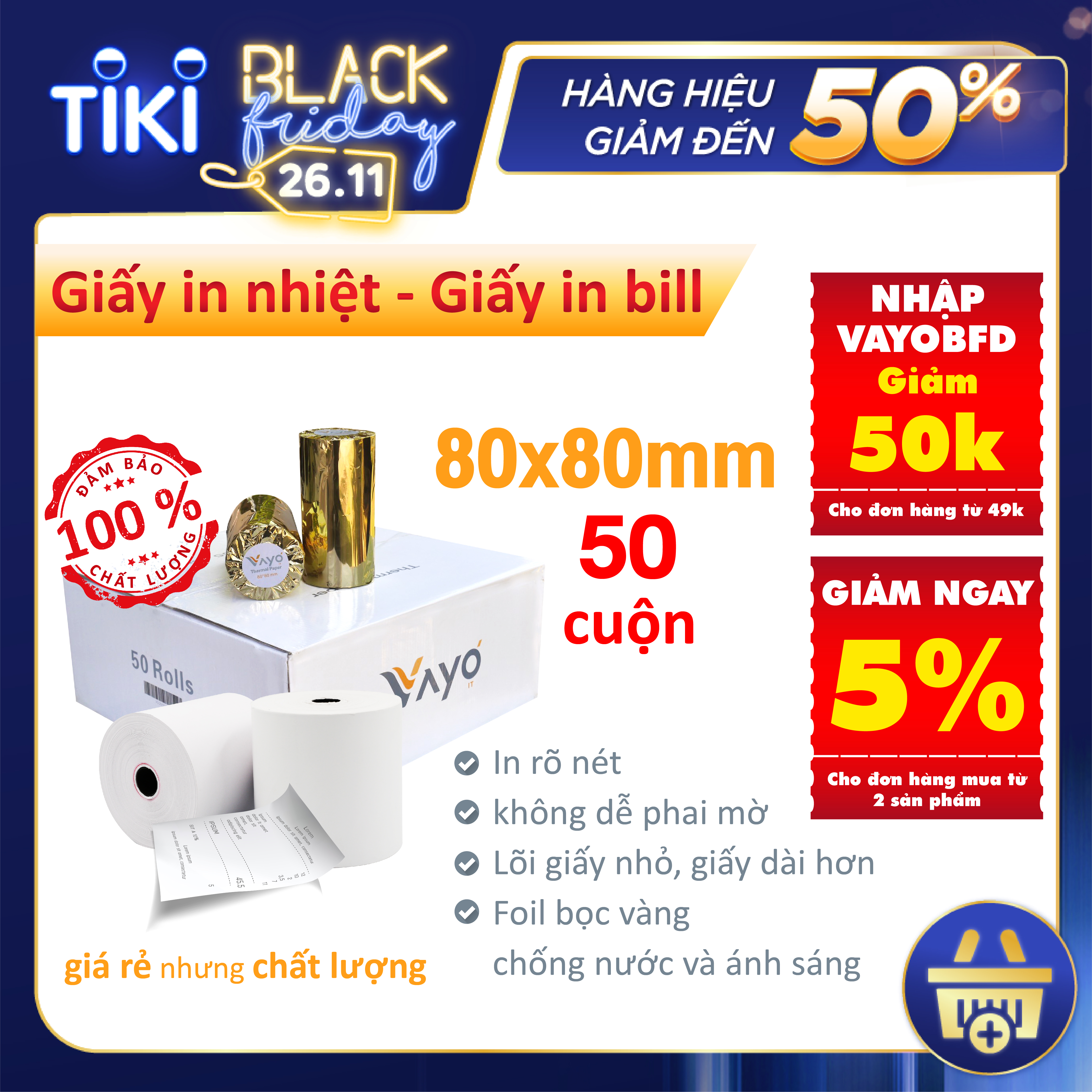 [50 cuộn] Giấy in nhiệt Giấy in bill VAYO Khổ 80 x 80 mm - định lượng 65gsm - In rõ nét - Lõi siêu nhỏ - Hàng chính hãng