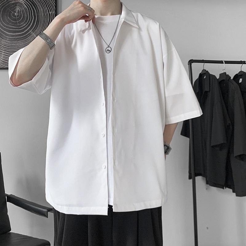 Áo Sơ Mi Tay Ngắn Dáng Rộng Màu Trơn Cổ Bẻ Phong Cách Harajuku Thời Trang Cho Nam Faruiline FARU019