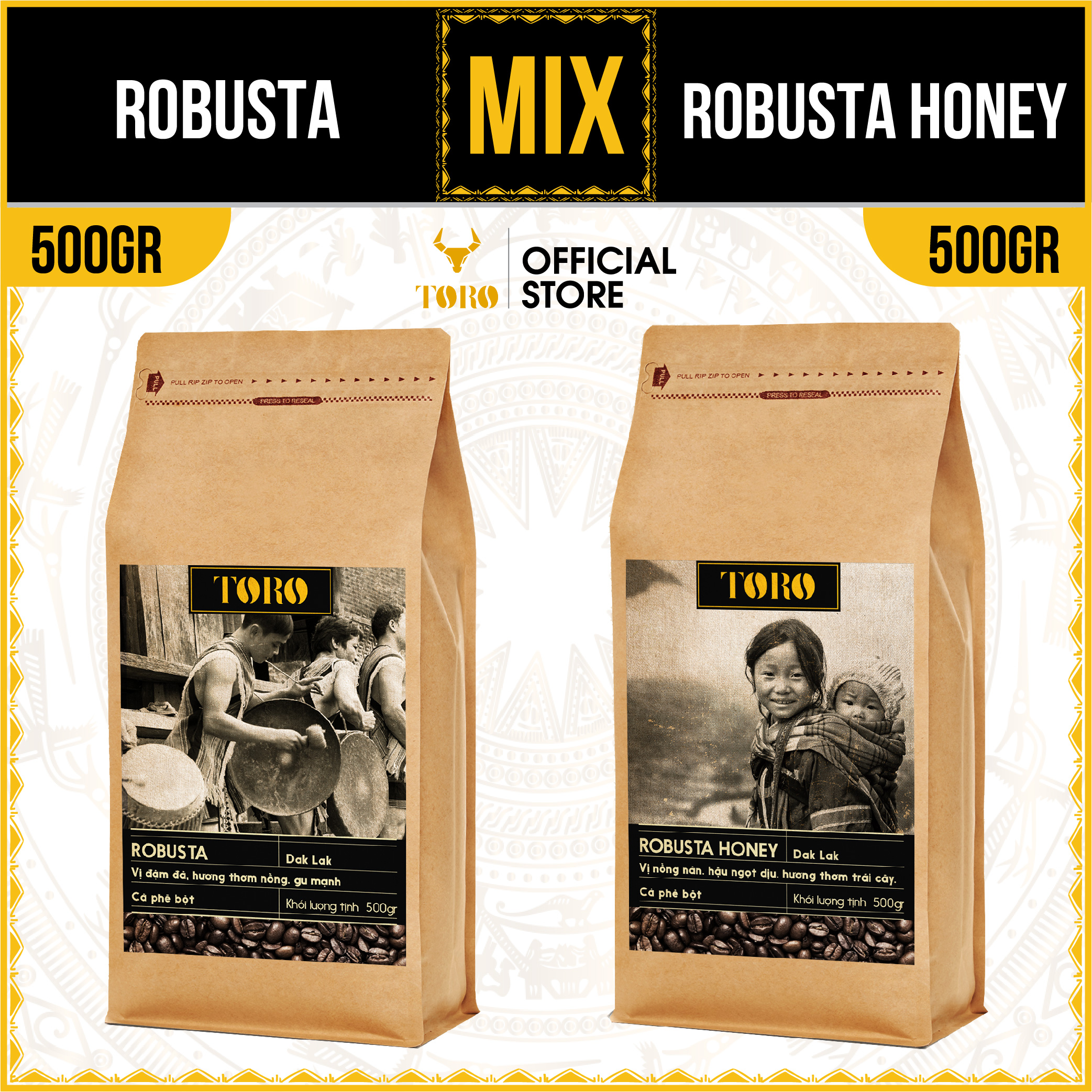 [1KG] Bộ Mix Cà Phê Bột Toro Robusta &amp; Toro Robusta Honey Nguyên Chất 100% | 500GR/ gói | TORO FARM
