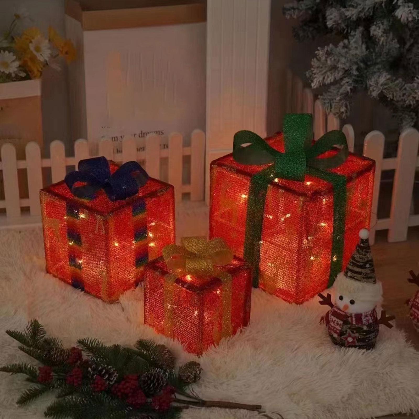 3x Christmas Lighted Gift Boxes, LED Christmas Boxes Set, Christmas Glowing Decoration Gift Boxes, for Restaurants Decoration