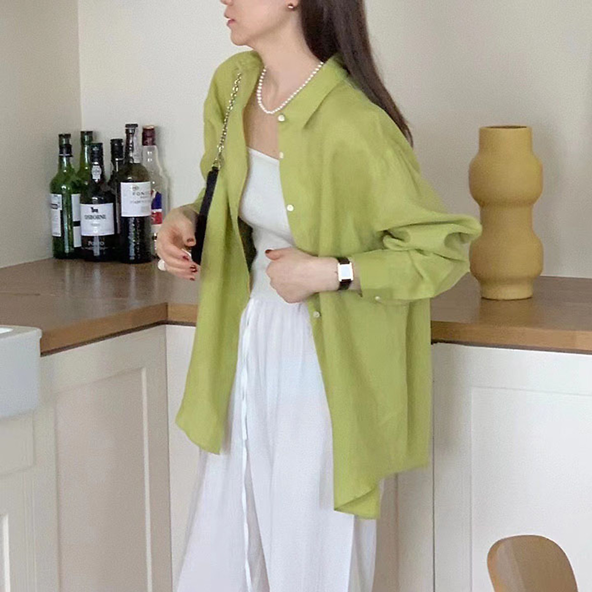 Áo sơ mi nữ form rộng Basic dài tay cổ đức, chất liệu Linen bột Premium mềm mát thoáng khí