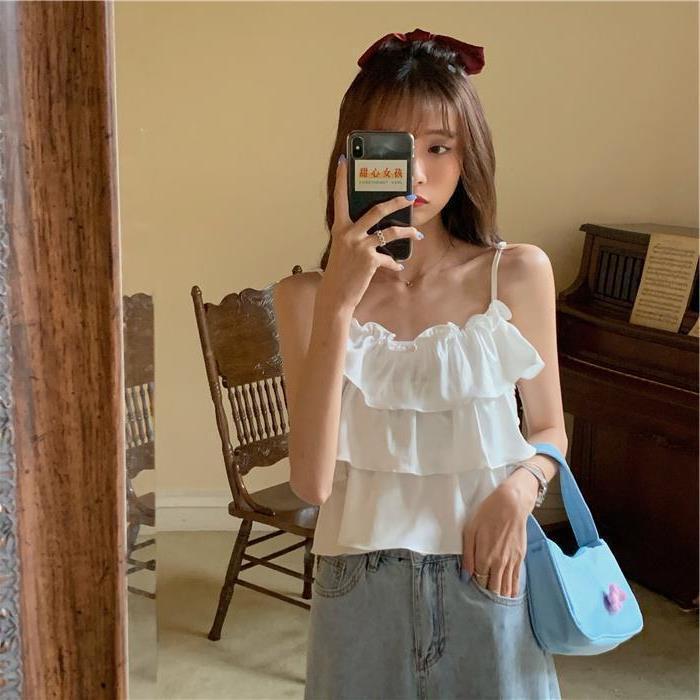 Áo hai dây, Áo croptop trễ vai bánh bèo tiểu thư nhiều tầng xinh xắn đi dã ngoại đi chơi đi du lịch thoáng mát AO003