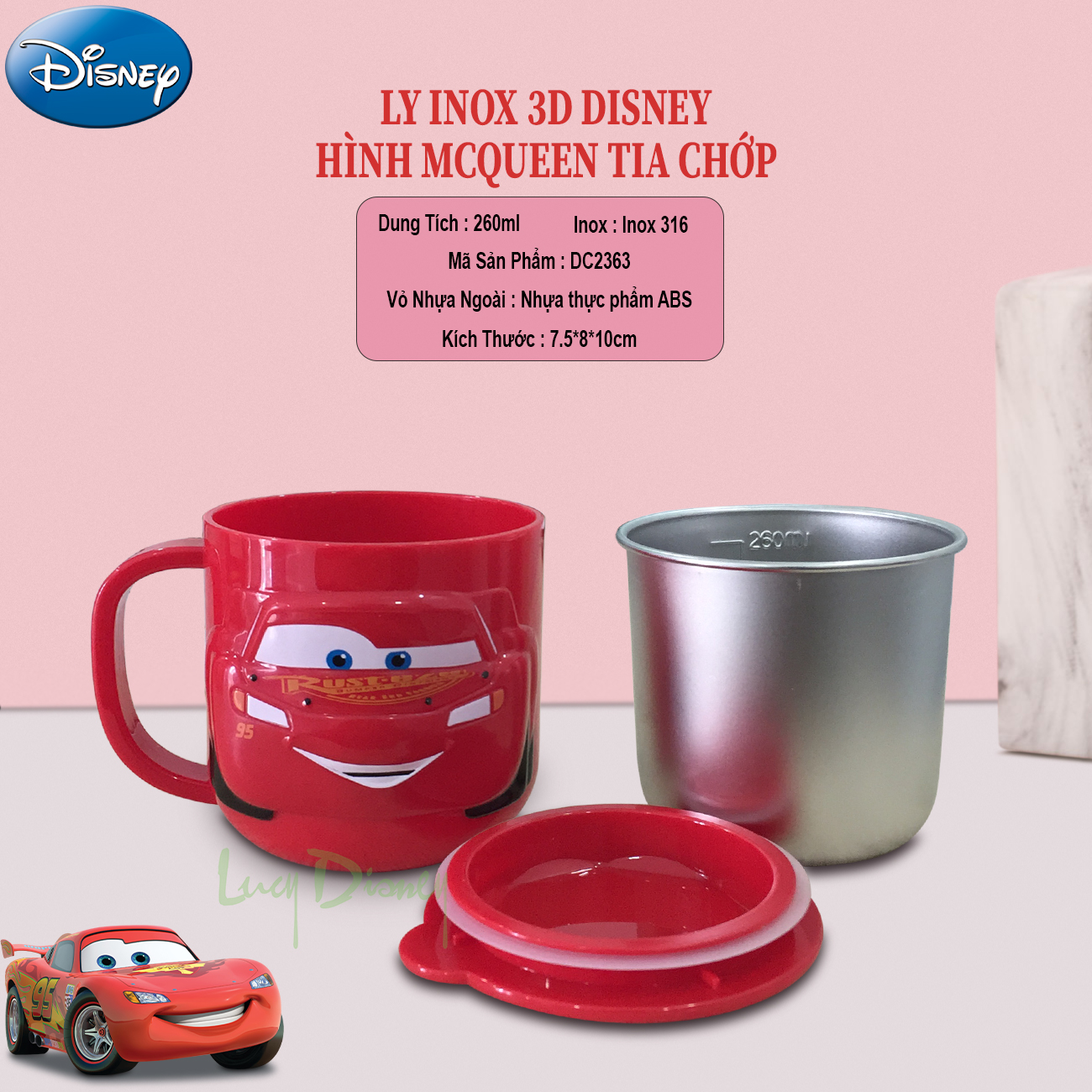 Ly giữ nhiệt Disney có nắp hình Cars nổi 3D cho bé 260ml - LYCARS