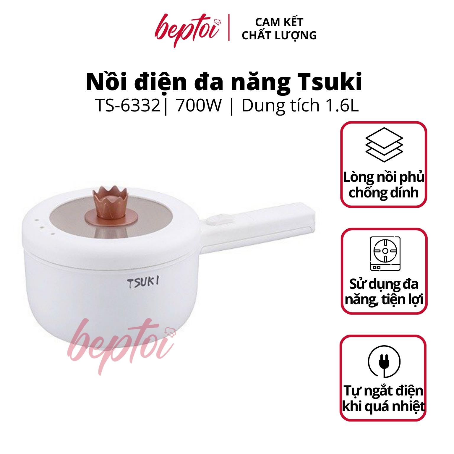 Nồi điện mini TSUKI TS-6332 nồi nấu đa năng 2 tầng, dung tích 1.6L, tự động ngắt điện - Hàng chính hãng