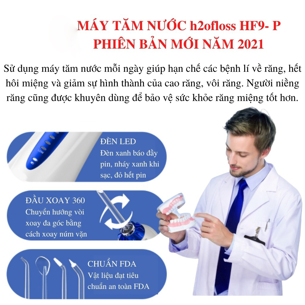 Máy Tăm Nước Cầm Tay Cao Cấp H20FLOSS HF-9P Kèm 5 Vòi Xịt Vệ Sinh Răng Miệng - Hàng Chính Hãng