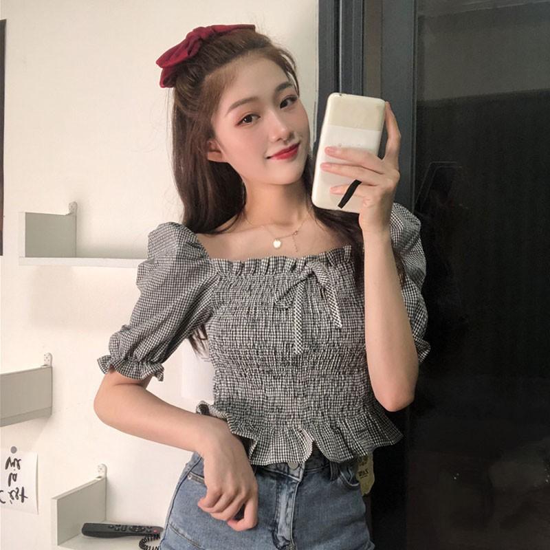 Áo Kiểu Tay Phồng Cổ Vuông Phối Nơ Họa Tiết Sọc Caro Phong Cách Retro