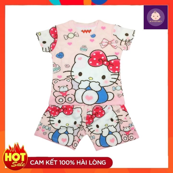Bộ quần áo bé gái hình mèo Kitty - quần áo mặt ở nhà từ 9-42kg - Vải thun cotton lạnh - Giặt không vỡ hình - Hương Nhiên