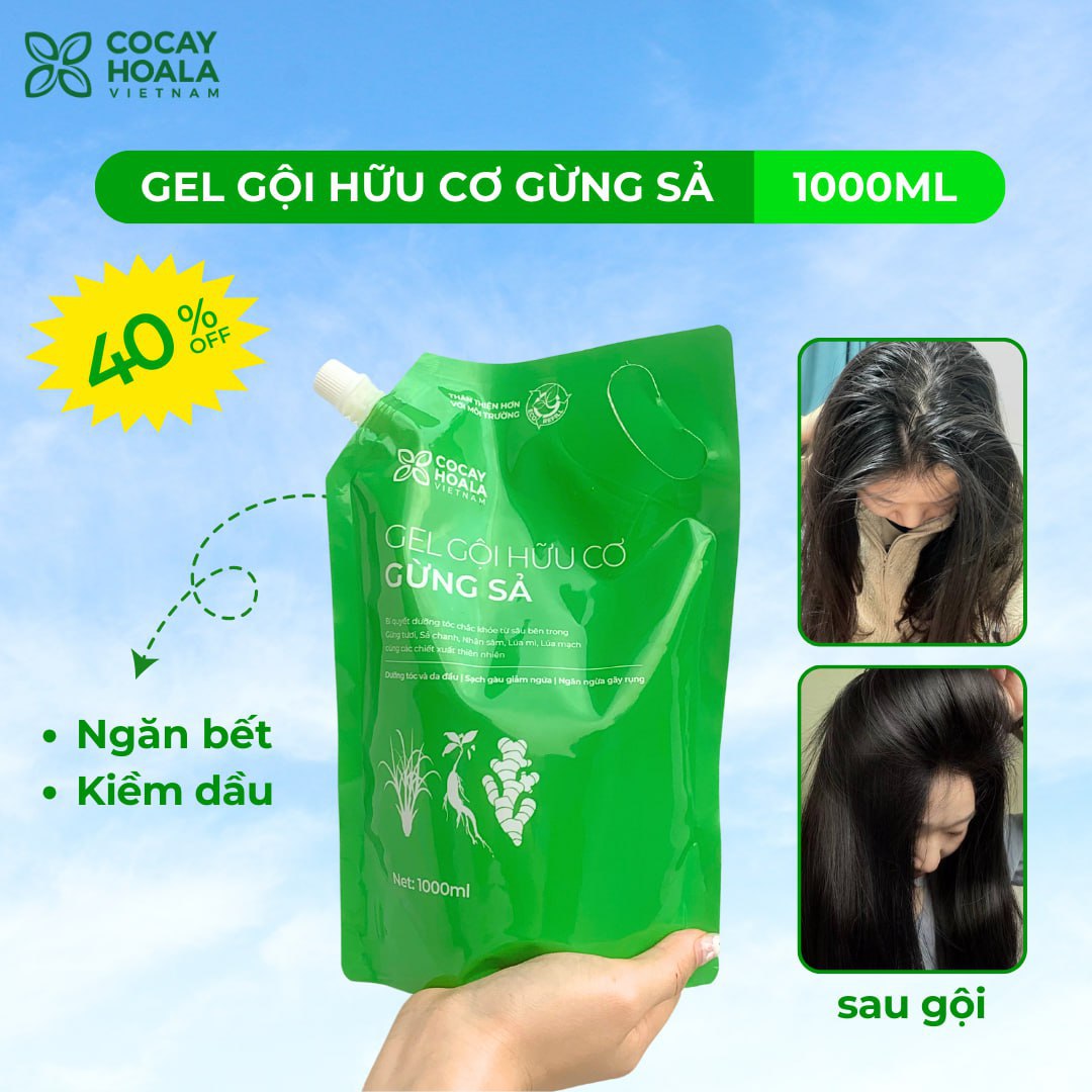 Dầu Gội Thảo Dược Hữu Cơ Cỏ Cây Hoa Lá Gừng Sả Kích Mọc Tóc, Ngăn Tóc Bết Dầu Túi Refill 1000gr