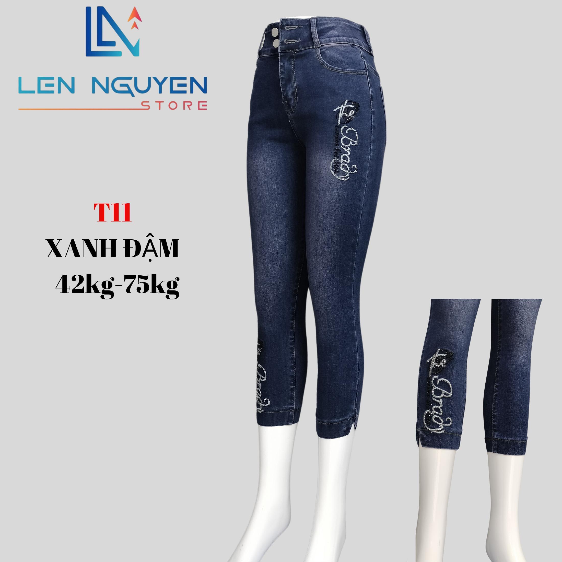 T11_9 tất thêu ép đá 27-35 xám và xanh nhạt, 2 nút lưng cao, cho 42kg đến 75kg 27-35 Vải Cao Cấp Co Giãn ,Mềm Mịn Thoáng Mát Nữ Jean Women Pants