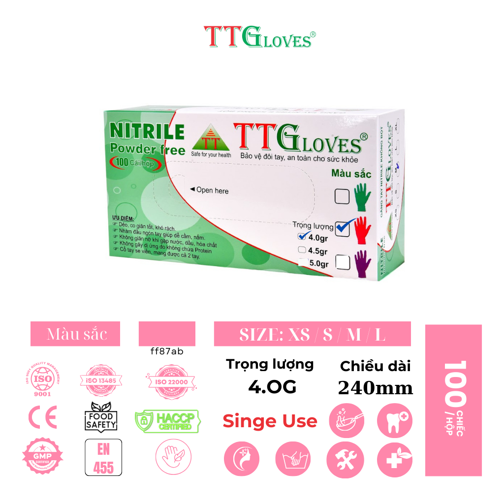 Găng Tay Cao Su Y Tế Size M Không Bột Nitrile TTGLOVES Màu Hồng (100 Chiếc)