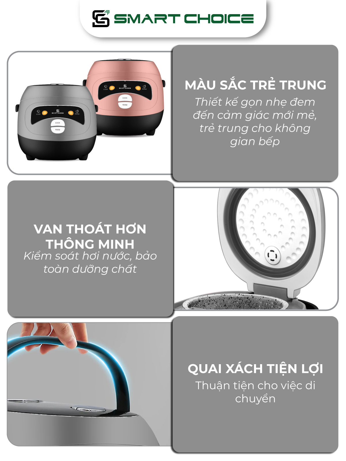 Nồi Cơm Điện Mini SmartChoice SCG-RC002 Hàng chính hãng Nồi Cơm Điện 1L 350W Lòng Nồi Phủ Ceramic Chống Dính Tốt