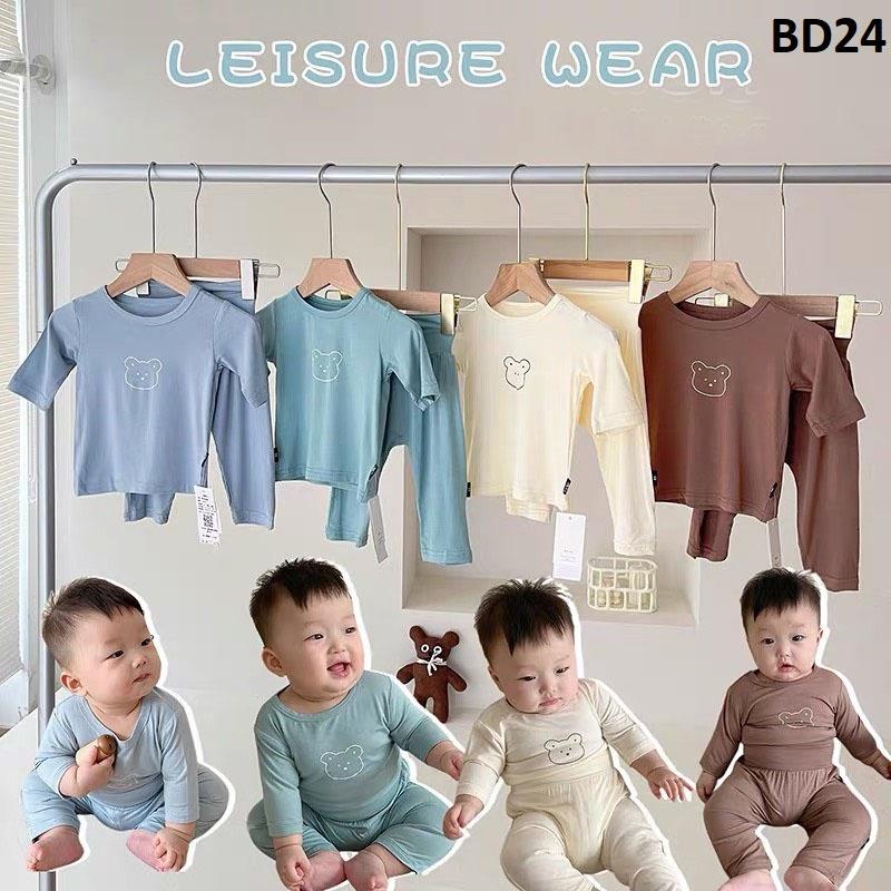 Bộ dài tay chất thun lạnh- Bộ dài tay  cạp cao in họa tiết gấu cho bé  BD24