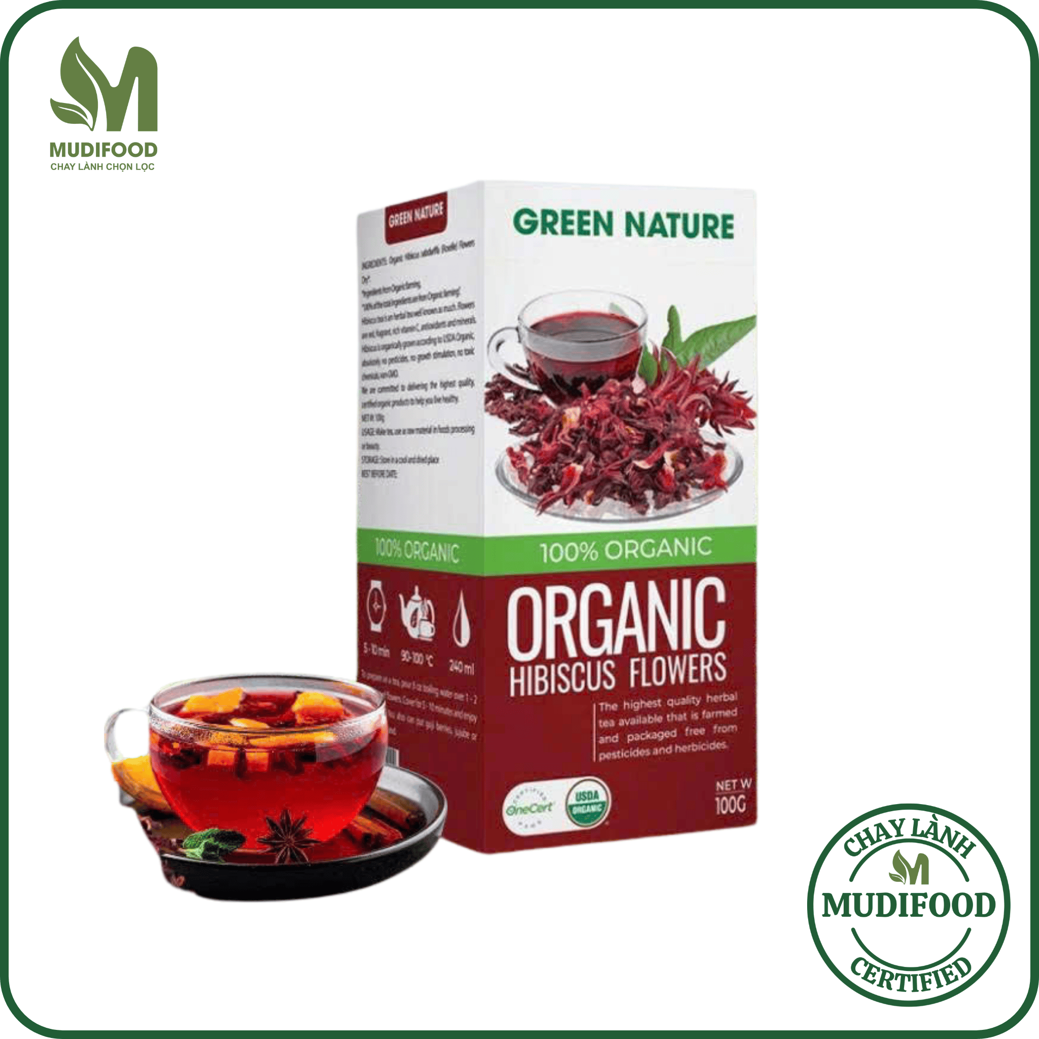 Hoa Bụp Giấm Nguyên Bông Hữu Cơ Green Nature 100g - Pha Trà Thanh Mát, Đẹp Da, Giải Nhiệt, Healthy