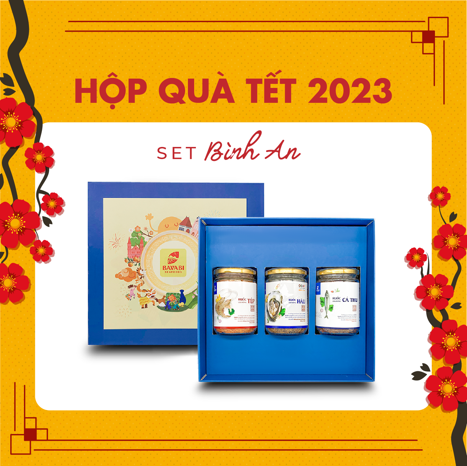 Giỏ Quà Tết Bình An 2023- Hộp Qùa Tết Đẹp Sang Trọng Cao Cấp Ý Nghĩa Set 3 Món Đặc Sản Biển Vân Đồn Bavabi