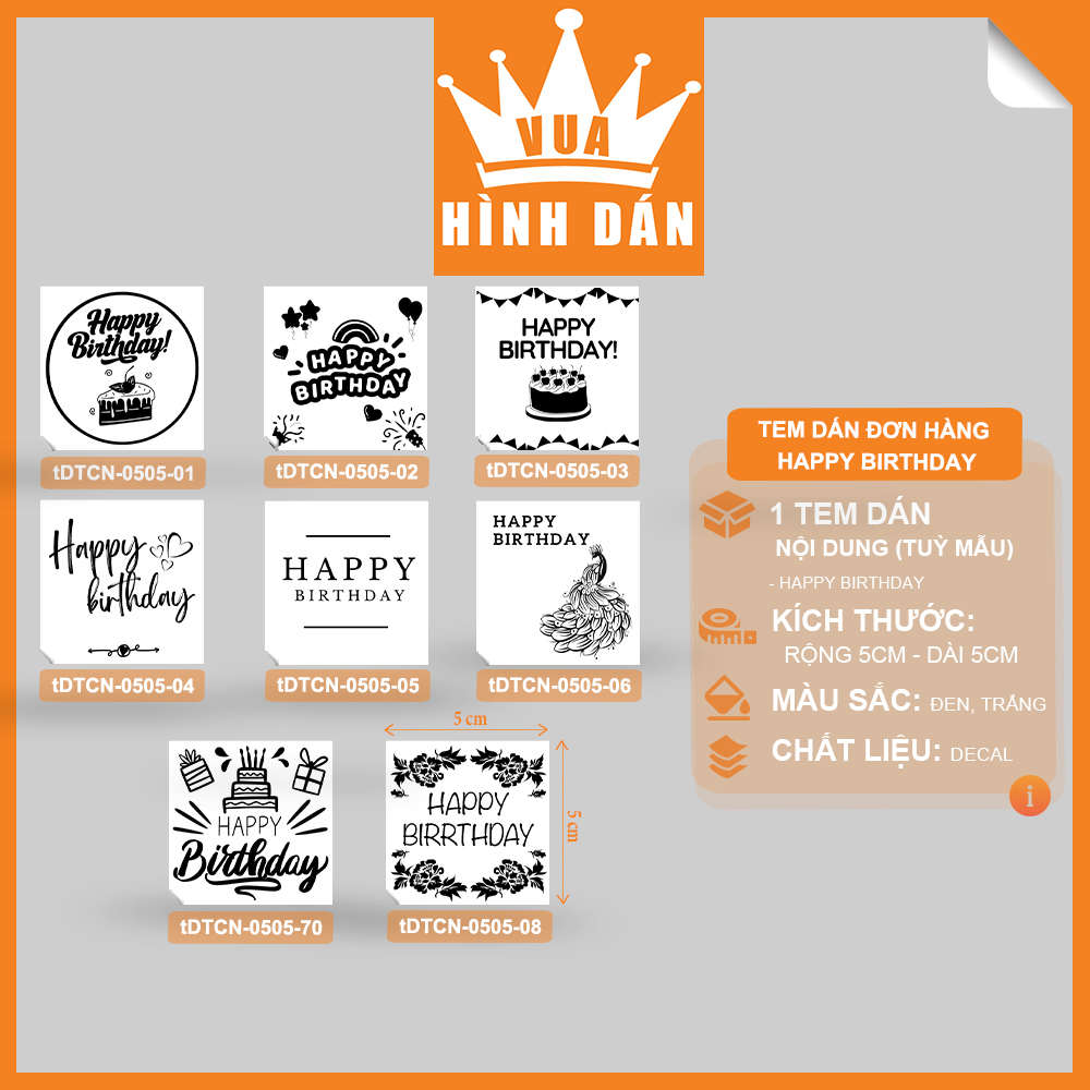 Set 50/100 sticker HAPPY BIRTHDAY 5x5cm - tem dán, nhãn dán lên hộp / gói quà, túi đựng hàng (1.036