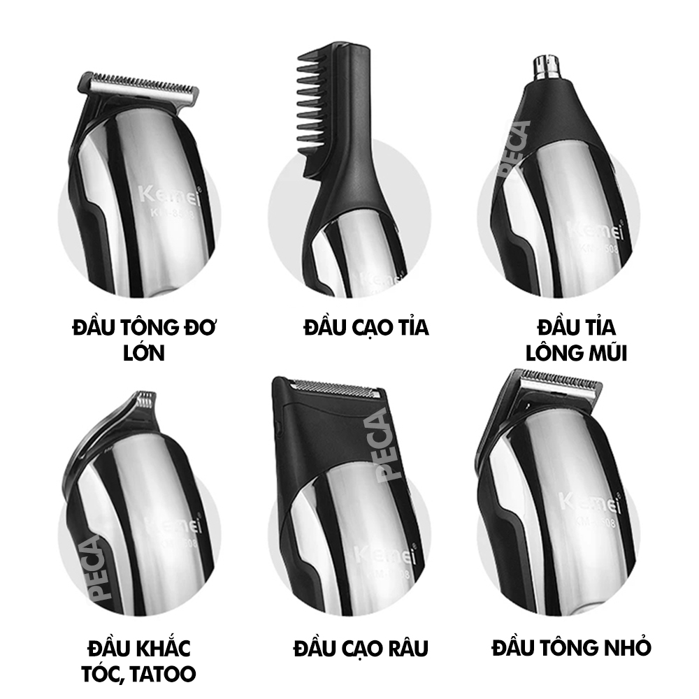 Tông đơ cắt tóc đa năng 11in1 Kemei KM-8508 nhiều đầu thay thế dùng cắt tóc, chấn viền, cạo râu, cạo lông, tỉa lông mũi, cạo chân mày,...có màn hình LED hiển thị điều chỉnh 2 mức tốc độ sạc nhanh 2h