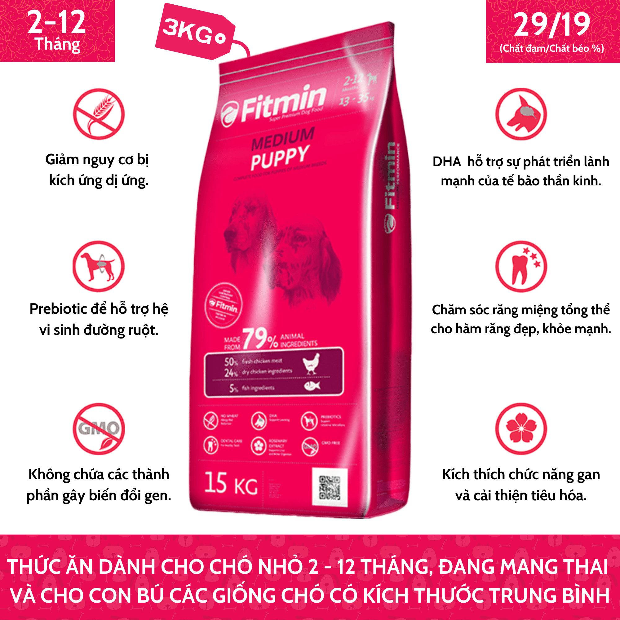 Thức Ăn Dành Cho Chó Nhỏ 2 - 12 Tháng, Chó Mang Thai Và Cho Con Bú Giống Chó Kích Thước Trung Bình Fitmin Dog Medium Puppy 15KG - TẶNG 1 Lon Pate Tươi Hello Dog Chicken Pate 850G