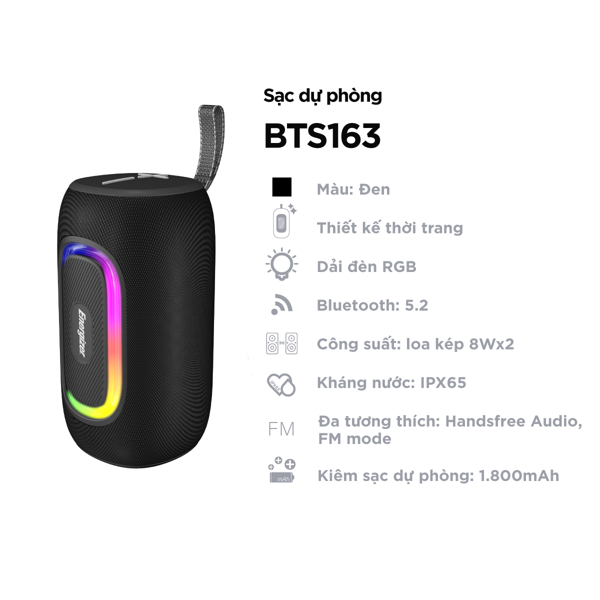 Loa di động Energizer BTS163BK kết nối với bluetooth 5.2, bảo hành 12 tháng - Hàng chính hãng