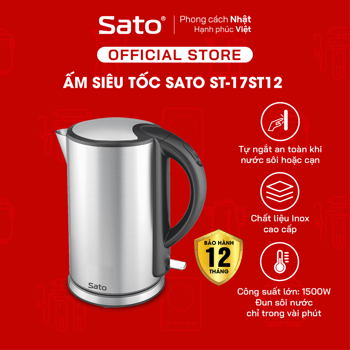 Ấm điện siêu tốc vỏ inox không han gỉ SATO ST-17ST12 1.8L, bình đun siêu tốc thông minh tự ngắt an toàn, giữ nhiệt lâu - Hàng chính hãng