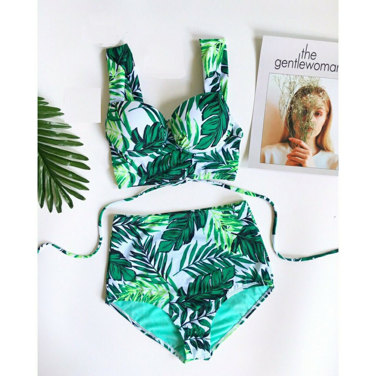 Bikini hai mảnh độn gọng nâng ngực quần cạp cao họa tiết xanh lá