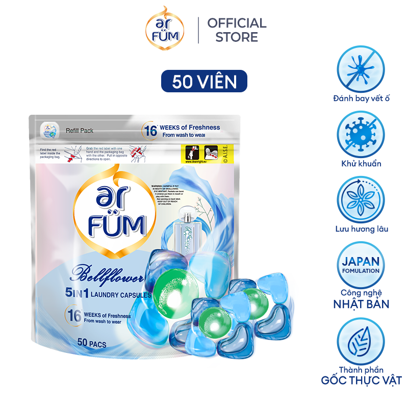 Viên giặt xả arFUM 5 trong 1 MỚI, tinh dầu nước hóa lưu hương lâu 16 tuần, khử khuẩn 99% - (50 viên/Túi)