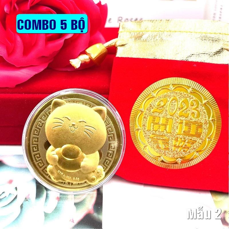 Set 05 xu Mèo vàng + túi gấm 2023 sang trọng, quý phái, dùng làm quà tặng, lì xì tết - Mẫu 2 - PASA COLLECTION