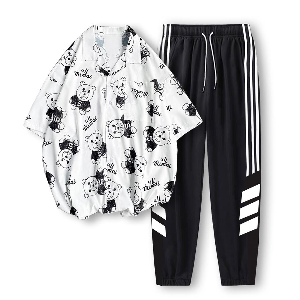 Bộ Quần Áo Nam Áo Sơ Mi Hình Gấu Quần Jogger Sọc Chéo Ulzzang Thời Trang Zenkonu QUAN NAM 1000094 + SO MI NAM 1000030