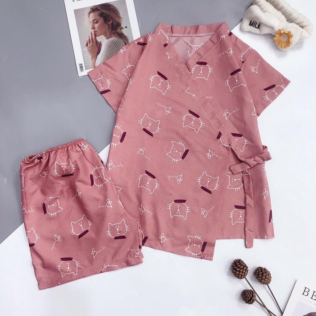 Đồ ngủ nữ pijama mặc nhà kimono chất kate thái cao cấp, bộ quần áo ngủ pizama tay ngắn quần đùi HATIBO