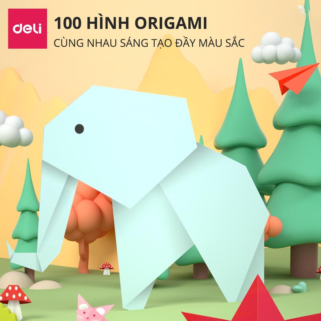 Giấy thủ công 100 tờ học sinh nhiều kích cỡ Deli - Có khổ A4 , giấy gấp origami , giấy gấp hạc hoa động vật - 83631 / 83632 / 83633 / 83634