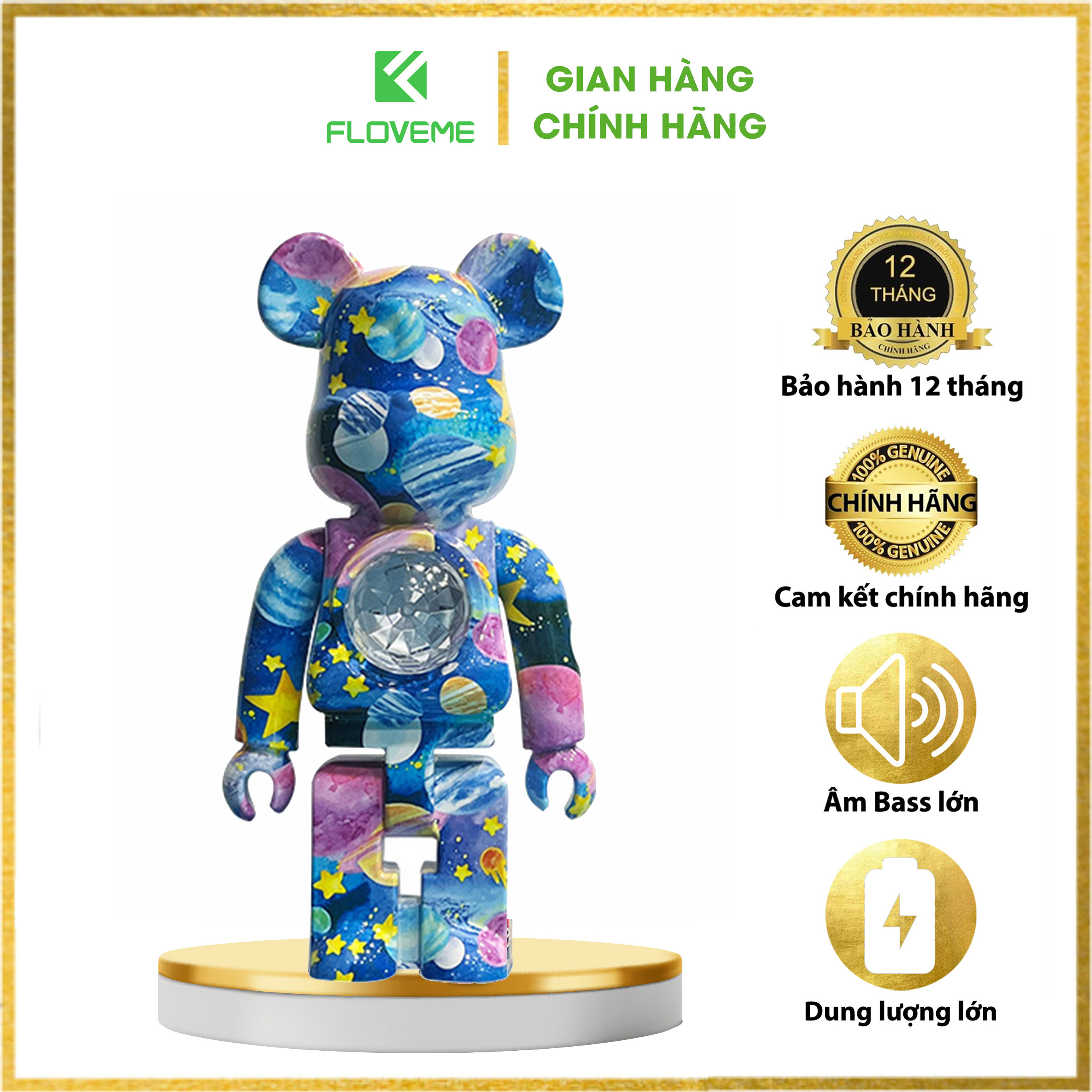 Loa Bluetooth Gấu Bearbrick Đèn Led Floveme Shen Lian, Nhỏ Gọn, Decor Bàn Làm Việc, Âm Thanh To Rõ Nét, Pin Dùng 3 - 5h - Hàng Chính Hãng