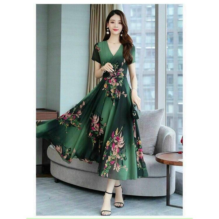 Đầm Hoa Thiết Kế Cổ V, Xòe Tùng, Kiểu Dáng Đơn Giản, Sang Trọng