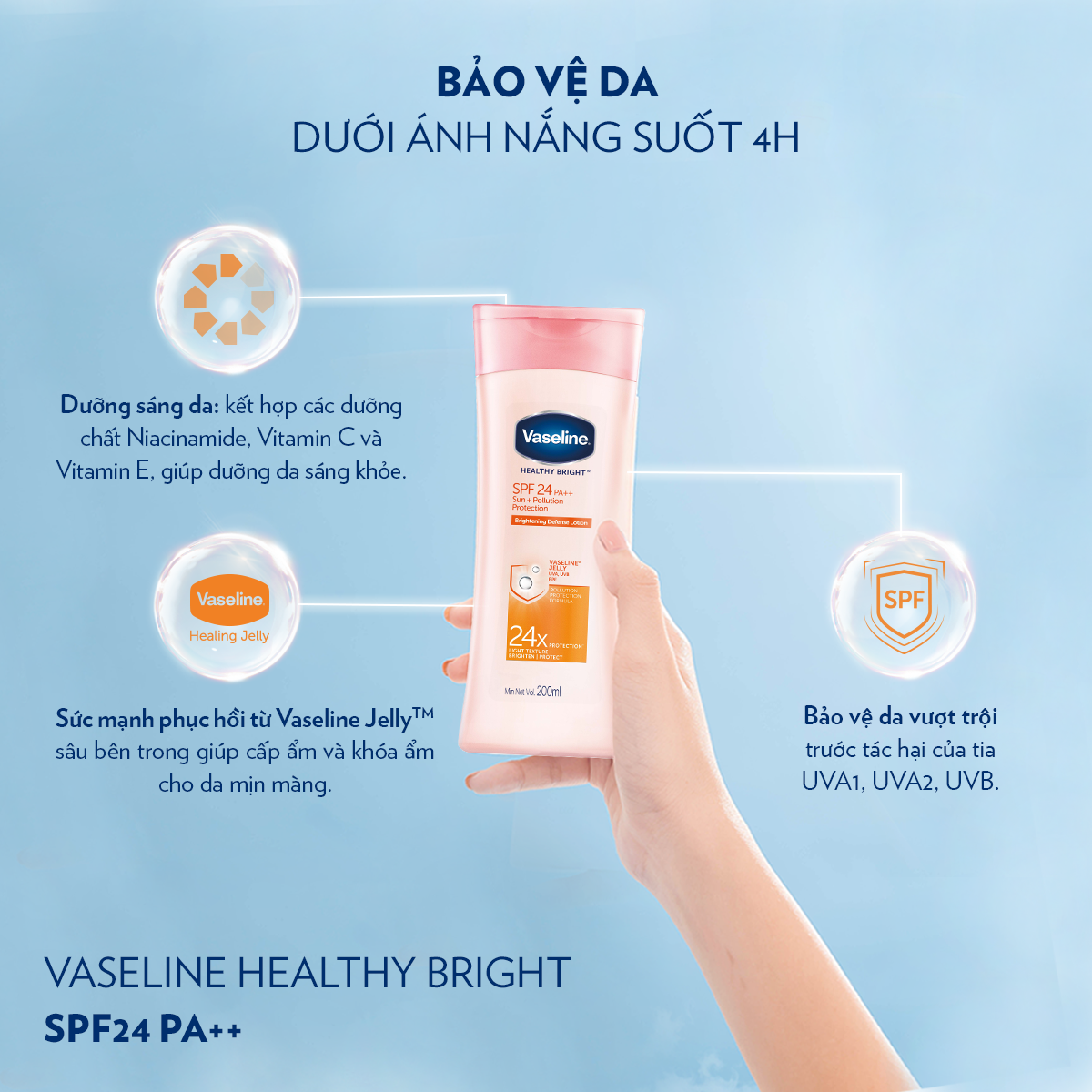 Sữa Dưỡng Thể 200Ml Vaseline Dưỡng Ẩm Sáng Da Chống Nắng Spf24Pa++ Sun + Pollution Protection Bảo Vệ Da Tới 4H Với Spf 24 Pa++