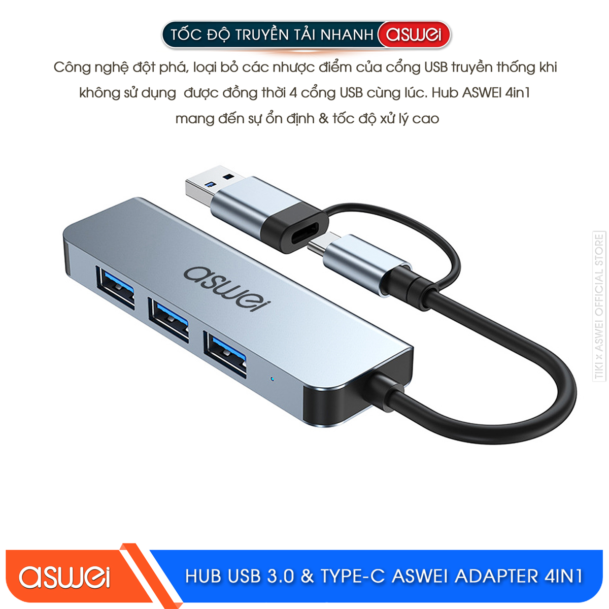 Hub USB 3.0 Và Hub Type C ASWEI 4 in 1 To 4 USB 3.0 - Hàng Chính Hãng