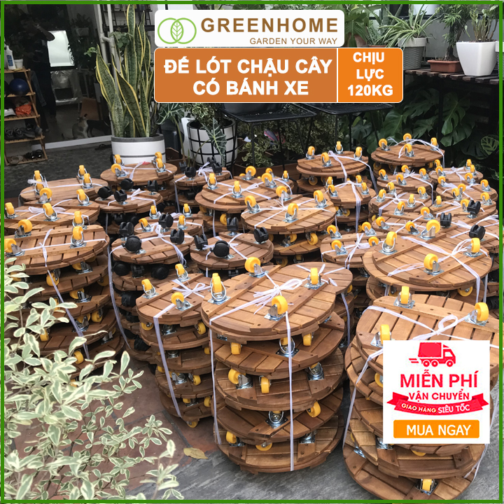 Đế lót chậu bằng gỗ Greenhome có bánh xe Tròn R30cm chịu lực 120kg