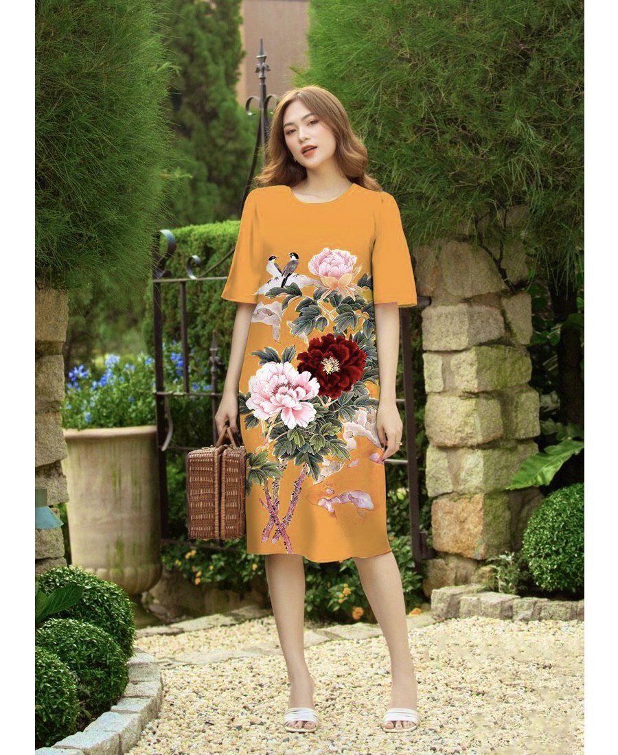 Đầm suôn Lady in hoa mẫu đơn sang trọng D064- Lady Fashion