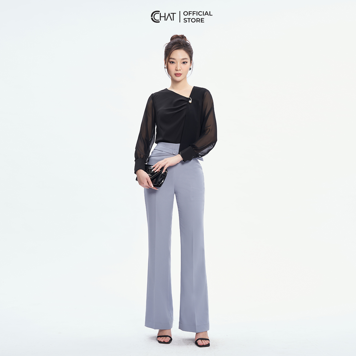 Áo Kiểu Nữ  Phối Tà Ly Trước Chất Liệu Chiffon Cao Cấp 53ADH8008ST
