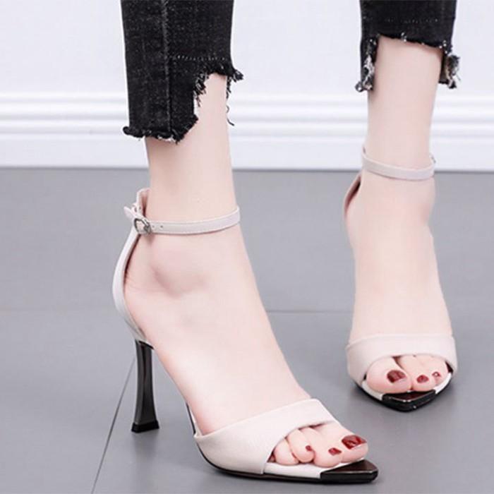 (Bảo hành 12 tháng)Giày sandal cao gót nữ quai ngang phối mũi sắt gót kim loại-Giày cao gót 9cm da mềm 2 màu-Li