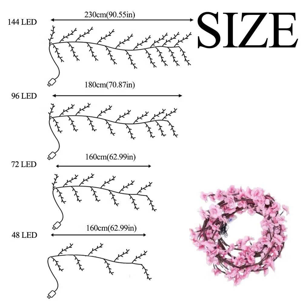 Đèn LED Hoa Anh Đào Dán Tường Trang Trí Tết Dài 1m6 72 Bóng LED Ánh Sáng Ấm, Đèn Decor Phòng Khách Phòng Ngủ Tặng Băng Dính Nano 2 Mặt - HÀNG CHÍNH HÃNG MINIIN