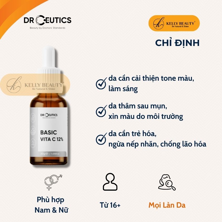 Serum Basic Vitamin C 12% DrCeutics - Giúp Da Sáng Đều Màu, Mờ Thâm Sạm; Tươi Trẻ và Căng Mịn Làn Da | Kelly Beauty
