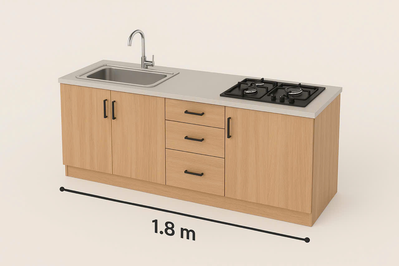 Kệ bếp Juno Sofa lắp ráp sẵn kèm bồn rửa đơn, bề mặt ốp gạch, khung nhựa màu gỗ sồi.