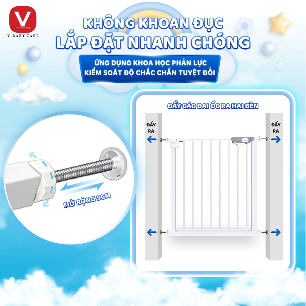 Combo Thanh chặn cầu thang và cửa- Không cần khoan đục- (Rộng 72-85cm, cao 76cm) và thanh nối 10cm giúp Bé an toàn  