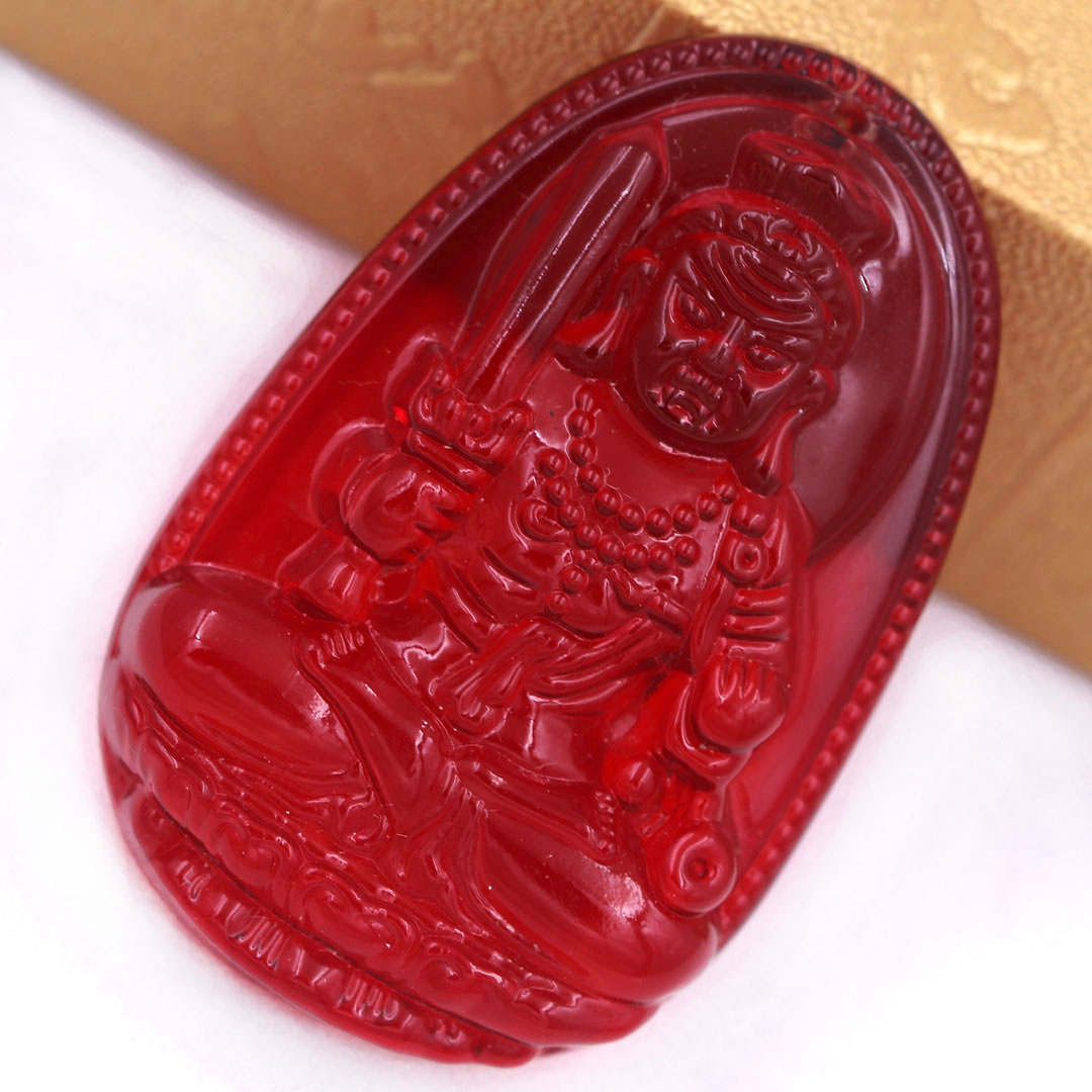 Mặt Phật Bất động minh vương pha lê đỏ 3.6 cm kèm móc và vòng cổ dây cao su đỏ, Mặt Phật bản mệnh
