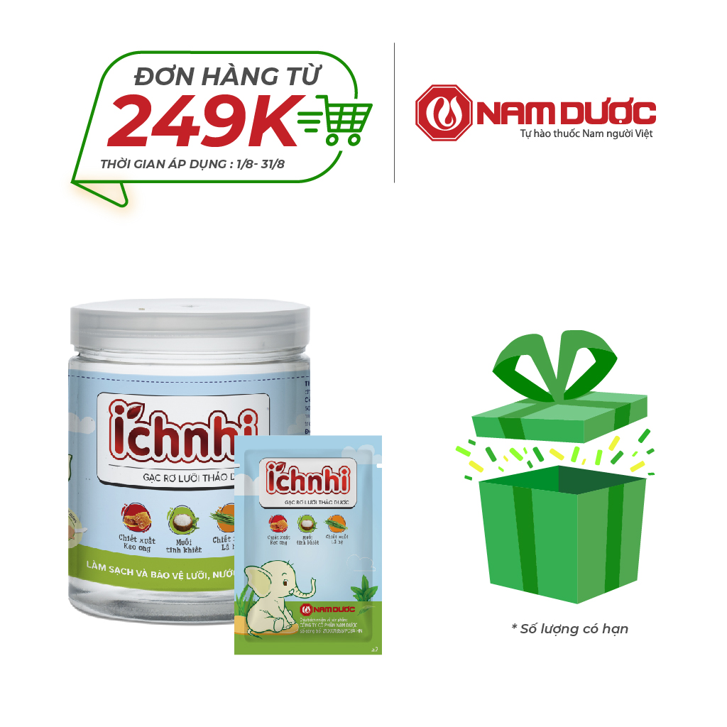 Gạc rơ lưỡi thảo dược Ích Nhi hộp 30 gói giúp vệ sinh răng miệng, làm sạch và bảo vệ lưỡi, nướu trẻ sơ sinh, người ốm