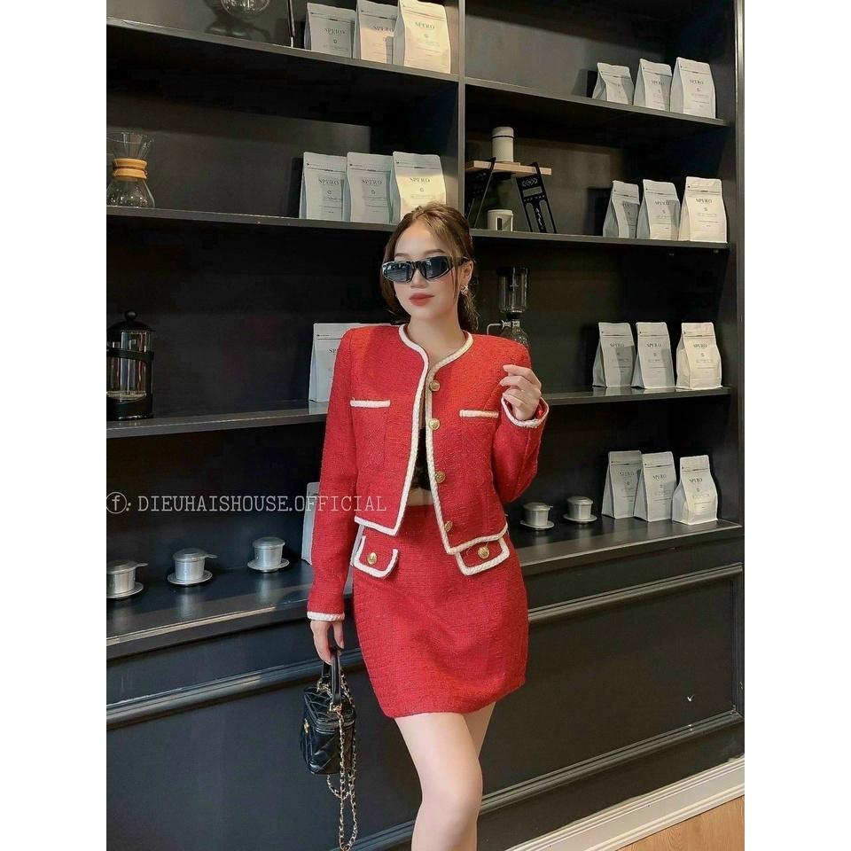 Sét bộ áo khoác dạ viền trắng tay dài kèm chân váy thiết kế nhẹ nhàng Kgia fashion